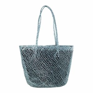 Τσάντα ώμου ψάθινη με πλέγμα Ασημί | 90136