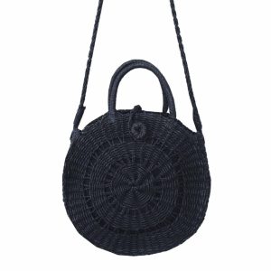 Τσάντα χεριού-χιαστί ψάθινη στρογγυλή Μαύρο|BGM7039